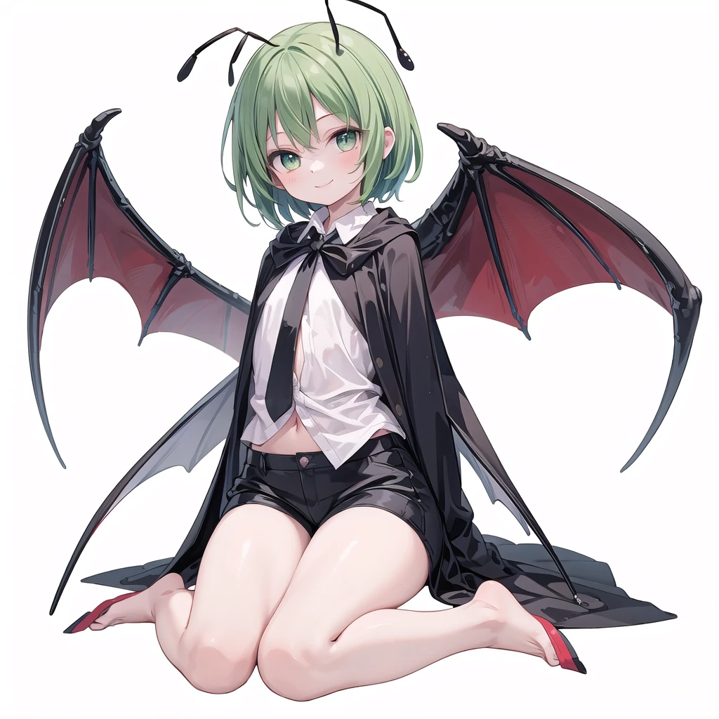 (((one girl))),(((wriggle nightbug))),(touhou),green eyes,antennae, green hair, short hair, swept bangs, white shirt, collared shirt, two-sided cape, red cape, black cape, long sleeves, short sleeves, black shorts, blue shorts,(((smile))),(((full body))),(((flat chest))),(((model posing))),(((wariza))),(((simple white background))),(((from front)))