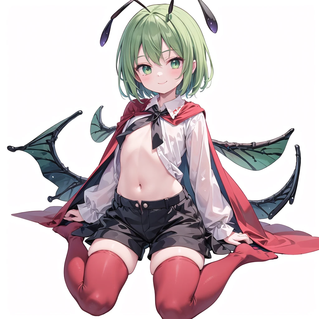 (((one girl))),(((wriggle nightbug))),(touhou),green eyes,antennae, green hair, short hair, swept bangs, white shirt, collared shirt, two-sided cape, red cape, black cape, long sleeves, short sleeves, black shorts, blue shorts,(((smile))),(((full body))),(((flat chest))),(((model posing))),(((wariza))),(((simple white background))),(((from front)))
