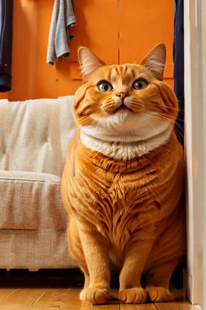 An anthropomorphic orange fat cat,big eyes,Warm smile,Wear sportswear,Getting ready for a run