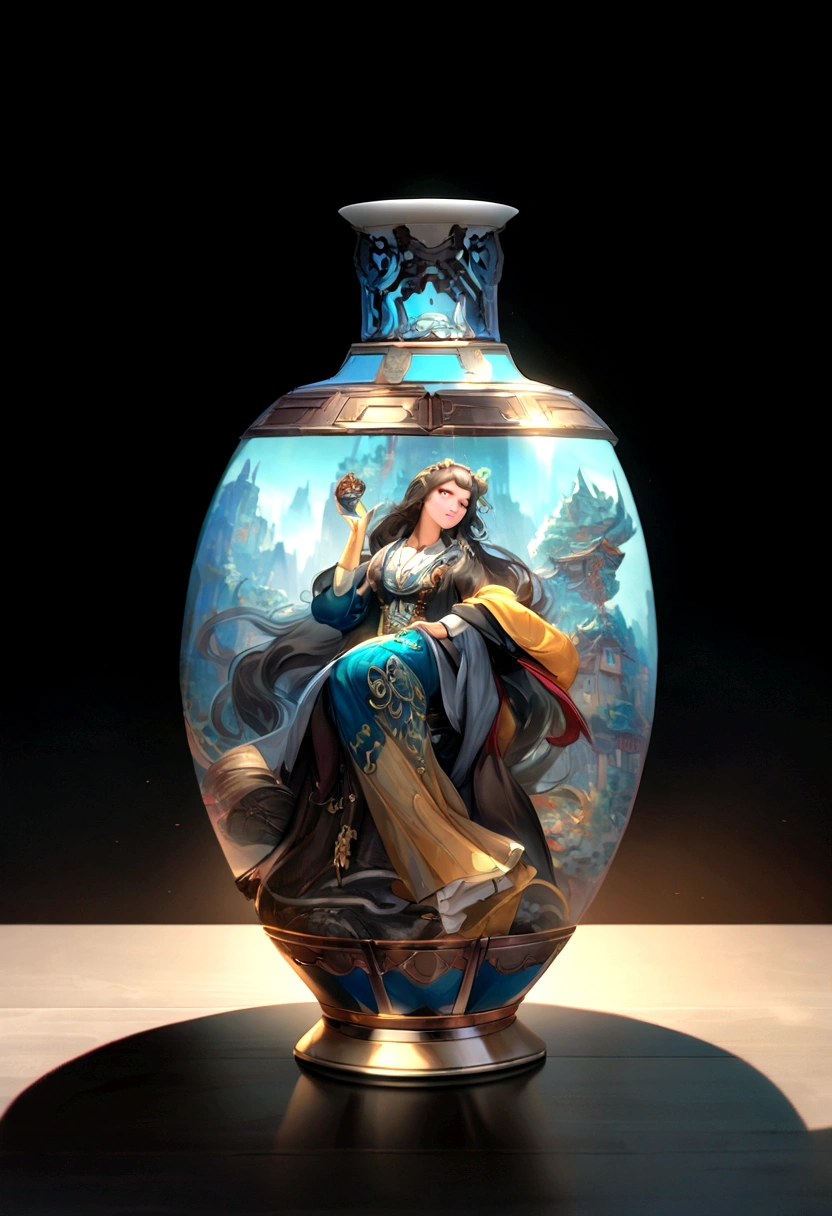 Full front view full body color steampunk transparent landscape embroidery color ink pattern porcelain bottle,Style of Jingdezhen Porcelain,The bottle is embossed with colorful mechanical parts,The body of the bottle is wrapped with gold wire,Colored glaze, photography。Real light and shadow,refraction,reflection,High light transmittance,Chiaroscuro, High contrast,Extremely scattered,Intricate details,8k render,Move closer to ArtStation and pixiv. Epic Picture, wallpaper,quality,Intricate and deep details,Strong three-dimensional sense. Created by Giger, artgerm and greg rutkowski, Alphonse Mucha, CGSe Society.