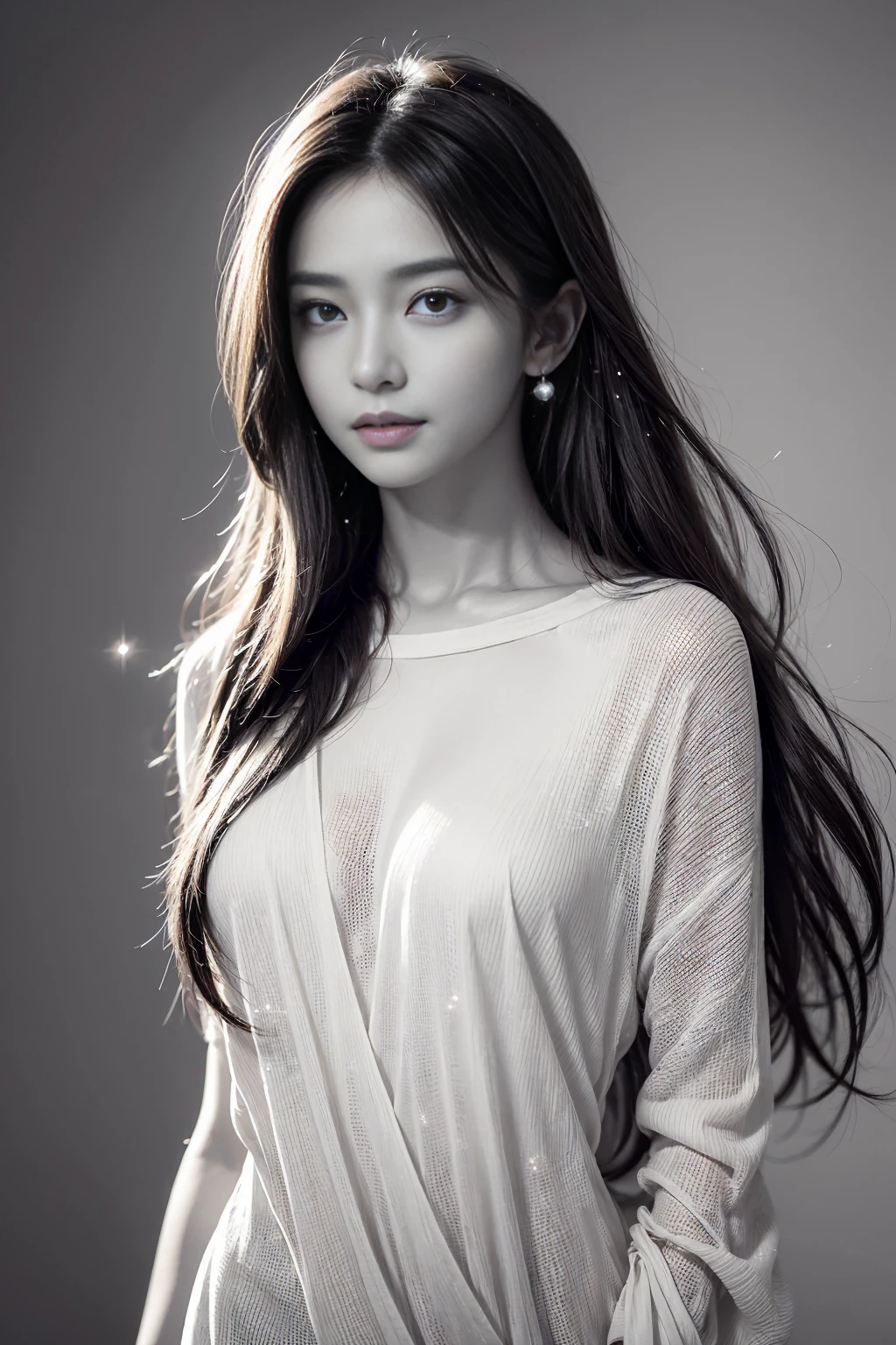 pencil sketch drawing of a beautiful woman standing, graceful pose, long flowing hair, (serene expression:1.2), (soft lighting:1.1), delicate features, detailed eyes with (sparkling gaze:1.2), minimalistic background with (subtle texture:1.1), high contrast emphasizing (fine lines:1.3), (subtle shading:1.1)