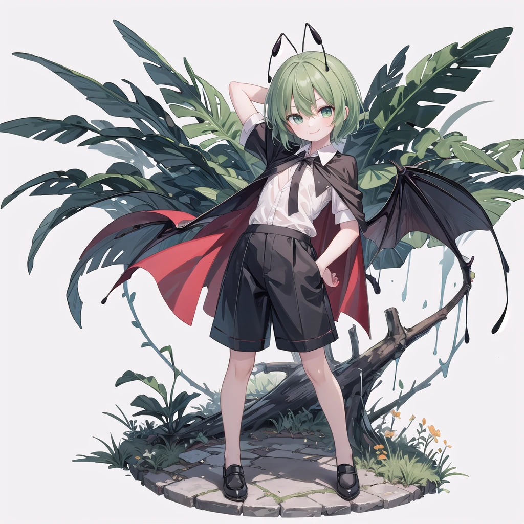 (((one girl))),(((wriggle nightbug))),(touhou),green eyes,antennae, green hair, short hair, swept bangs, white shirt, collared shirt, two-sided cape, red cape, black cape, long sleeves, short sleeves, black shorts, blue shorts,(((smile))),(((full body))),(((flat chest))),(((arm behind head))),(((model posing))),(((simple white background))),(((from front)))