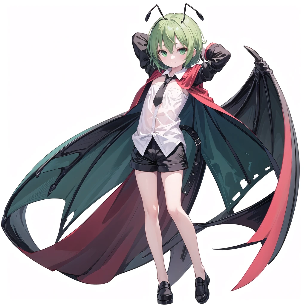 (((one girl))),(((wriggle nightbug))),(touhou),green eyes,antennae, green hair, short hair, swept bangs, white shirt, collared shirt, two-sided cape, red cape, black cape, long sleeves, short sleeves, black shorts, blue shorts,(((smile))),(((full body))),(((flat chest))),(((arm behind head))),(((model posing))),(((simple white background))),(((from front)))