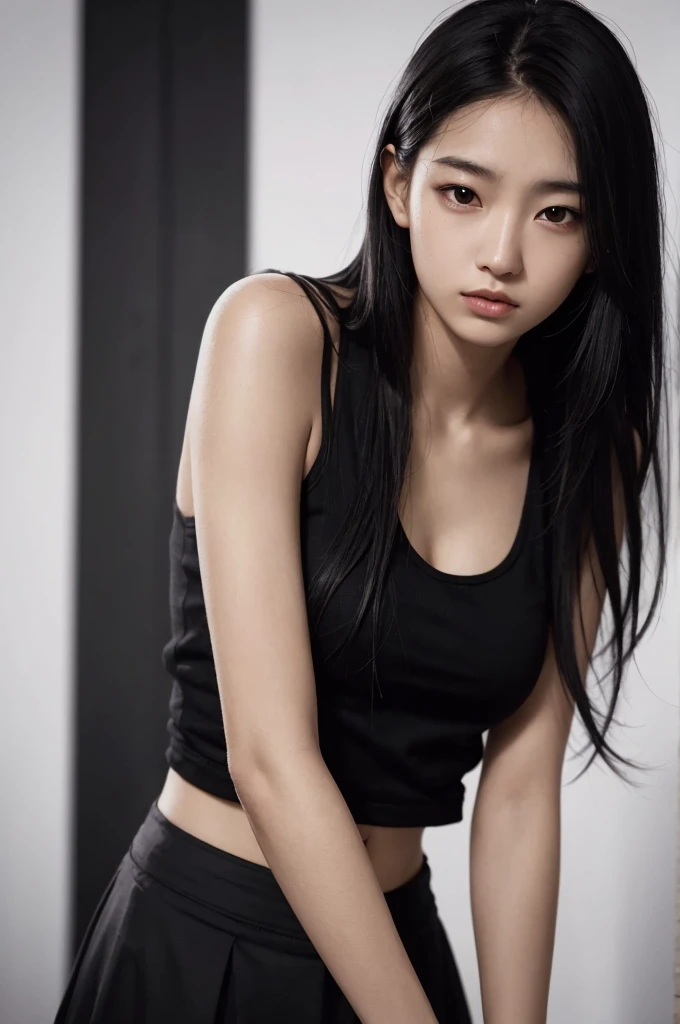 20 year old girl, black tank top, black skirt, long hair, high contrast (Natural skin texture, Hyperrealism, Soft Light, sharp), portrait, standing, kpop