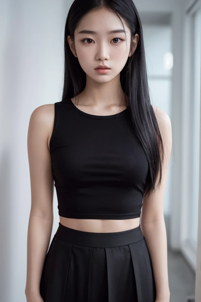 20 year old girl, black tank top, black skirt, long hair, high contrast (Natural skin texture, Hyperrealism, Soft Light, sharp), portrait, standing, kpop