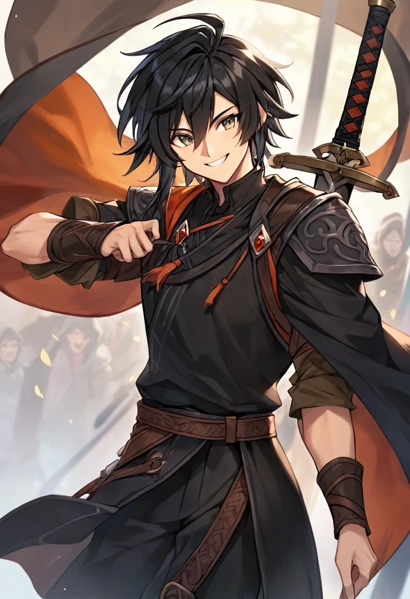 human male, dnd, adventurer, black hair, black cloth,small smile, sword, tan skin