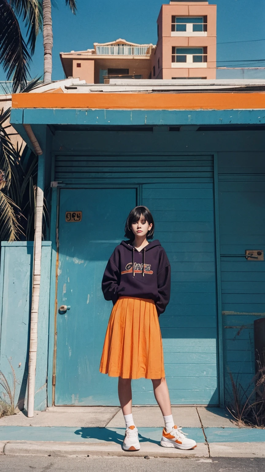long shot portrait of cute 23 yo girl ,wear ((orange color oversized_hoodie)), wear ((purple tennis skirt)),looking front,Best Quality,Masterpiece,Ultra High Resolution,(Realisticity:1.4),Original Photo, 1Girl, light leak,ultra high resolution,UHD,beautiful, (black bob hair), almond eye, no makeup, in front of (80's mondrian architecture motel), (realistic:1.2), (surreal:1.3), (very detailed:1.1), ((masterpiece)),summer, blue sky, palm trees,sunny, los angles vibes,film camera, 800mm lens,style of Philip Lorca diCorcia