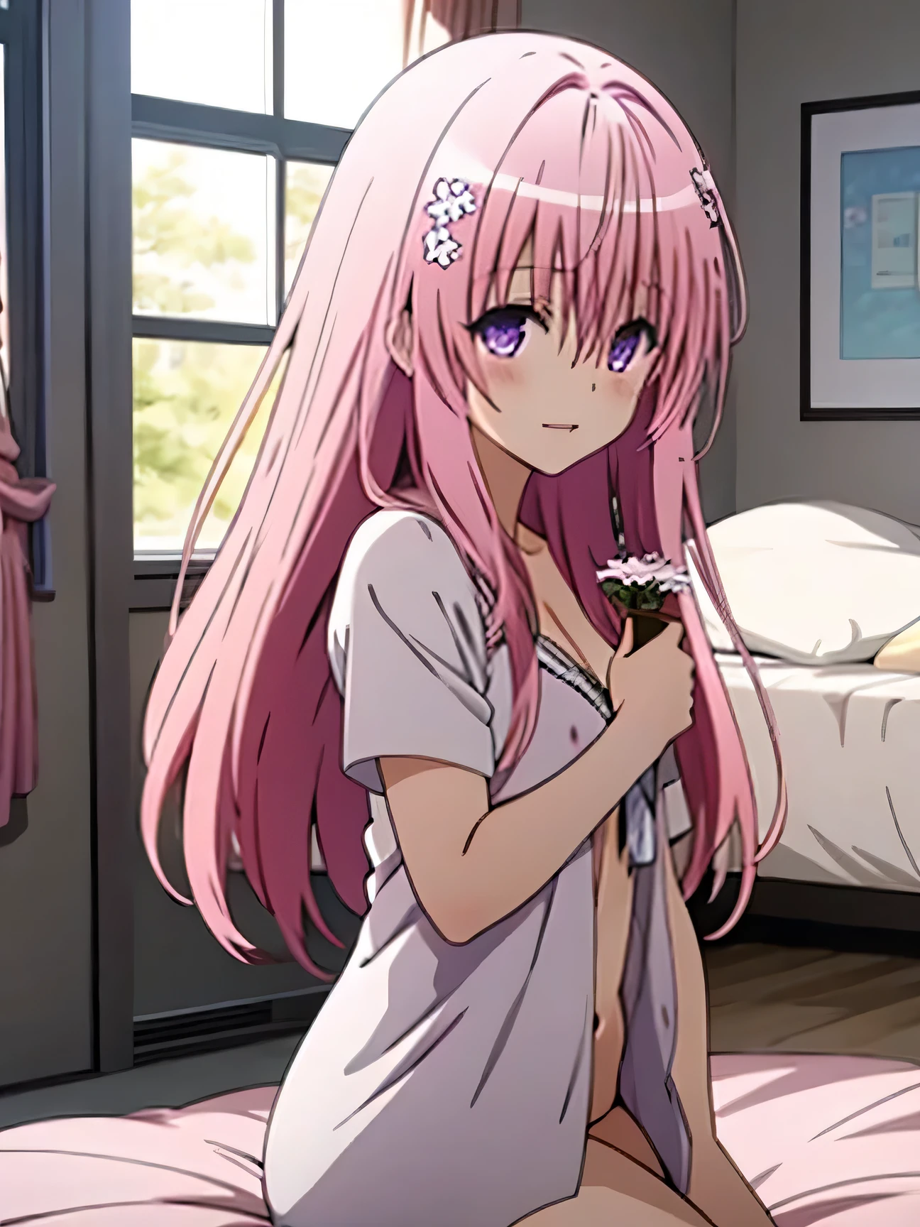 Momo Belia Deviluke has short pink hair and purple eyes. In the To LOVE-Ru manga, straightened her hair out She also has two small flowers on her hair. naked on bed  