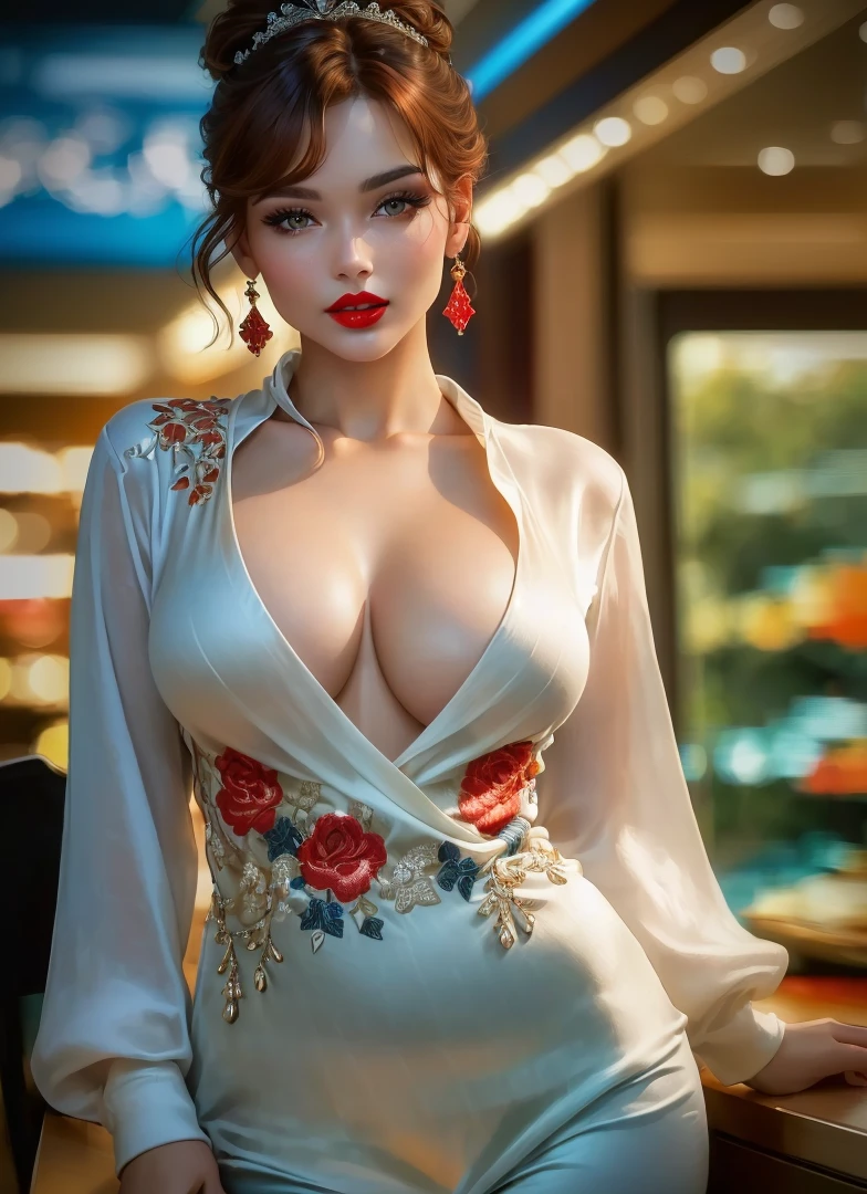 On the table, best quality, Reality, Very detailed, Finely, high resolution, 8k wallpaper, original photo, professional, Rich in details, 1 girl, ((Red lips)), ((Looking at the camera)), (Expectations), Upper Body, short hair, Bob Hairstyle, (Straight Hair), Full breasts, cleveage, Light grey V-neck lightweight knit sweater, Solid color background