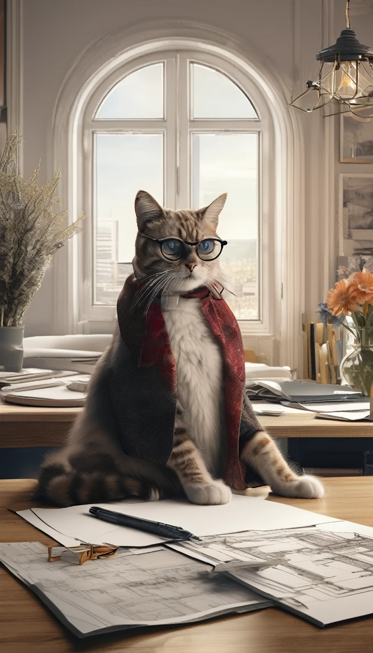 A cat wearing glasses sits at the table,On the desktop are architectural design drawings,Dressed in father's attire,Warmth,Clear picture quality,Optimal lighting,The best shadow,Very exquisite,Delicate facial expressions,Clear image quality