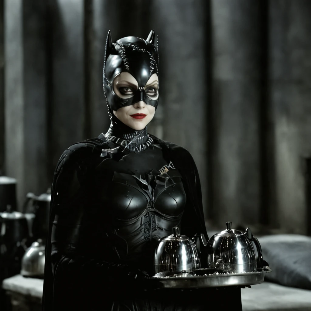 cinematic film still of  Selina Kyle a woman holding a tray with a silver kettle tim burton style,full body image, 2 people image, 35mm, portrait, 8k, real pictures, catwoman lay down on batman upper body and use batman cloak warp batman body stuck in his cloak like a silk mummy cocoon, in batman return the movie at street alley in the night 