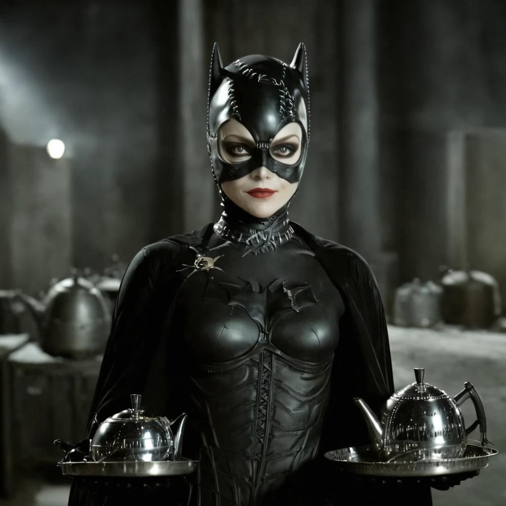 cinematic film still of  Selina Kyle a woman holding a tray with a silver kettle tim burton style,full body image, 2 people image, 35mm, portrait, 8k, real pictures, catwoman lay down on batman upper body and use batman cloak warp batman body stuck in his cloak like a silk mummy cocoon, in batman return the movie at street alley in the night 