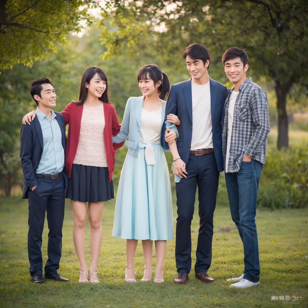 A beautiful Asian woman and an Asian girl and an Asian handsome guy,Three people standing together,hapiness,WeChat,Professional photography
