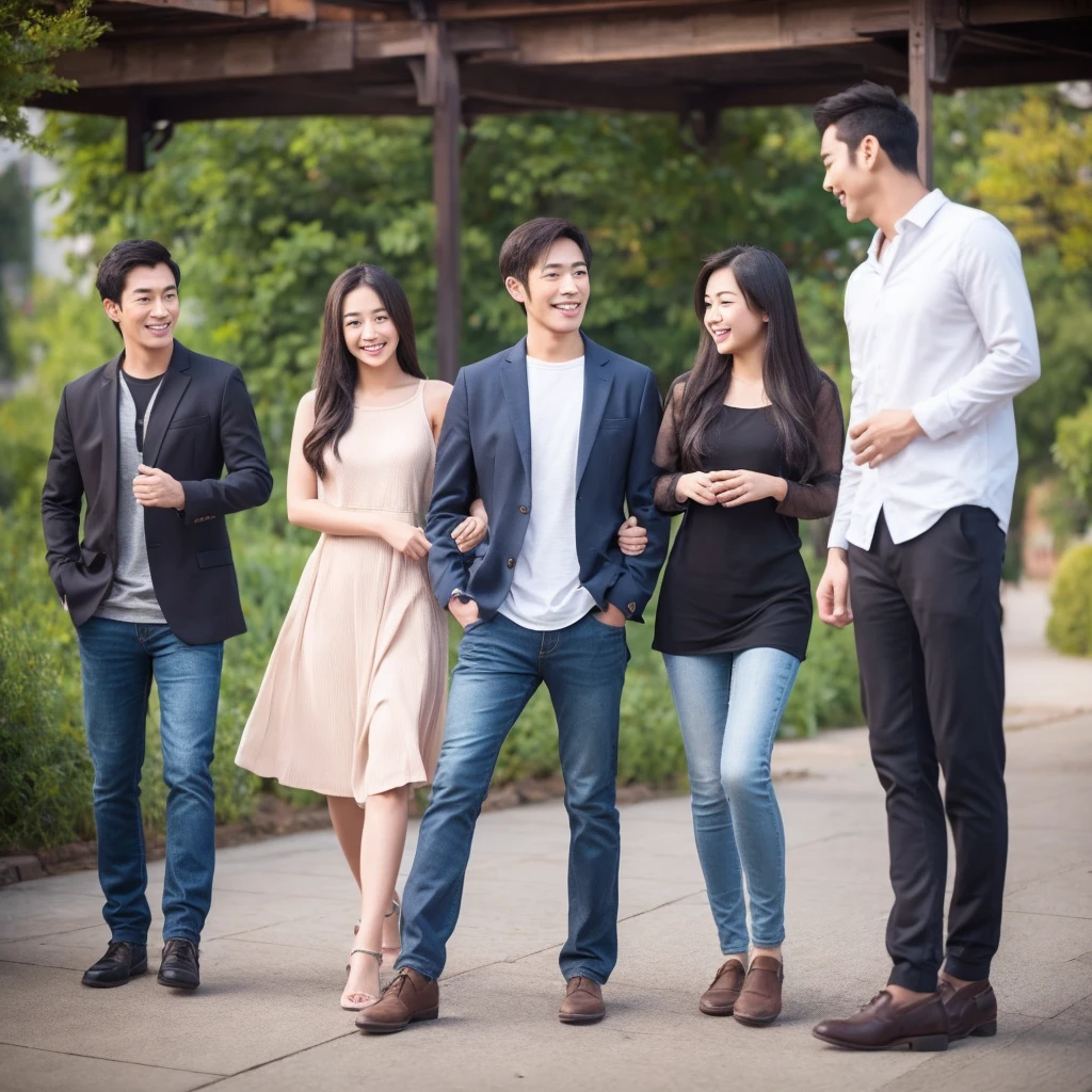 A beautiful Asian woman and an Asian girl and an Asian handsome guy，Three people standing together，hapiness，WeChat，Professional photography