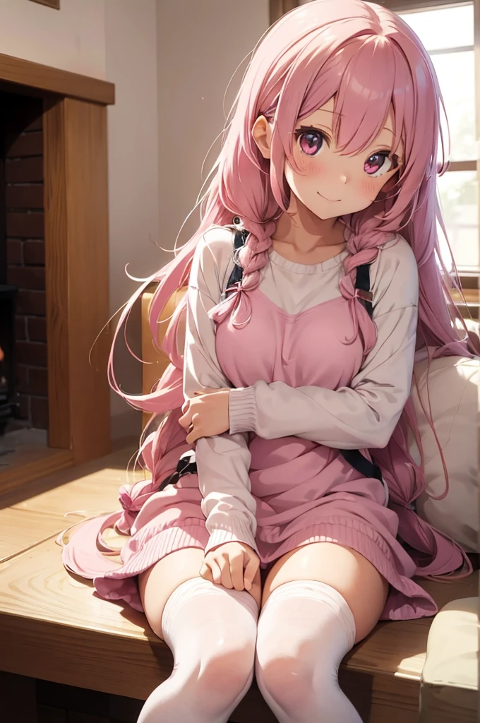 "A cute anime girl with medium length, pink hair, which are tied in two loose braids. It has large, shining eyes and a happy smile. She wears a fluffy, pastel-colored sweater dress with a heart pattern and cute over-the-knee socks. In her hands she holds a small cat, who lies purring in her arms. In the background you can see a cozy living room with soft cushions and a flickering fireplace."