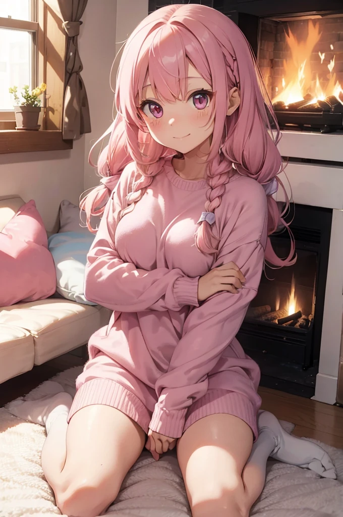 "A cute anime girl with medium length, pink hair, which are tied in two loose braids. It has large, shining eyes and a happy smile. She wears a fluffy, pastel-colored sweater dress with a heart pattern and cute over-the-knee socks. In her hands she holds a small cat, who lies purring in her arms. In the background you can see a cozy living room with soft cushions and a flickering fireplace."