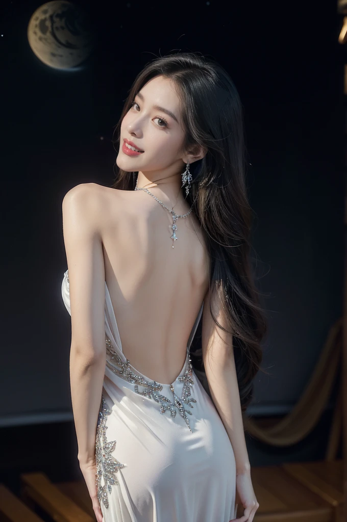 (((best quality))),(((ultra detailed))),(((masterpiece))),illustration,((A beautiful female astrologer,solo)),((slim,thin)),((bare back,towering hips,butt crack)),((shoulder length straight hair)),(laughing:1.2),(earrings,necklace),(sparkled sheer dress:1.3),standing beneath a magical summer night, stars twinkling in the velvety darkness,starry sky, sapphire eyes filled with wonder, flowing ethereal gown mimicking the stars, silver pendant shaped like a horoscope,serene smile and captivating gaze, celestial beauty and mystery, solace and inspiration in the vast expanse of the universe,((from back,upper body))