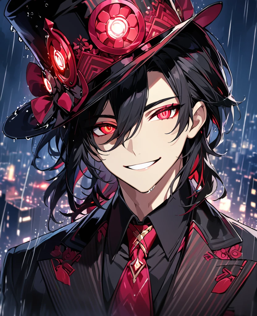  (black_hair), (deep_ruby_eyes), (detailed_eyes), (smile), (attractive), (night_city_background), (raining), (glowing_eyes), (male), (wearing _a_black_suit), (long_male_hair), (detailed_Hair), (detailed), (detailed_mouth), (top_hat), (close_up)