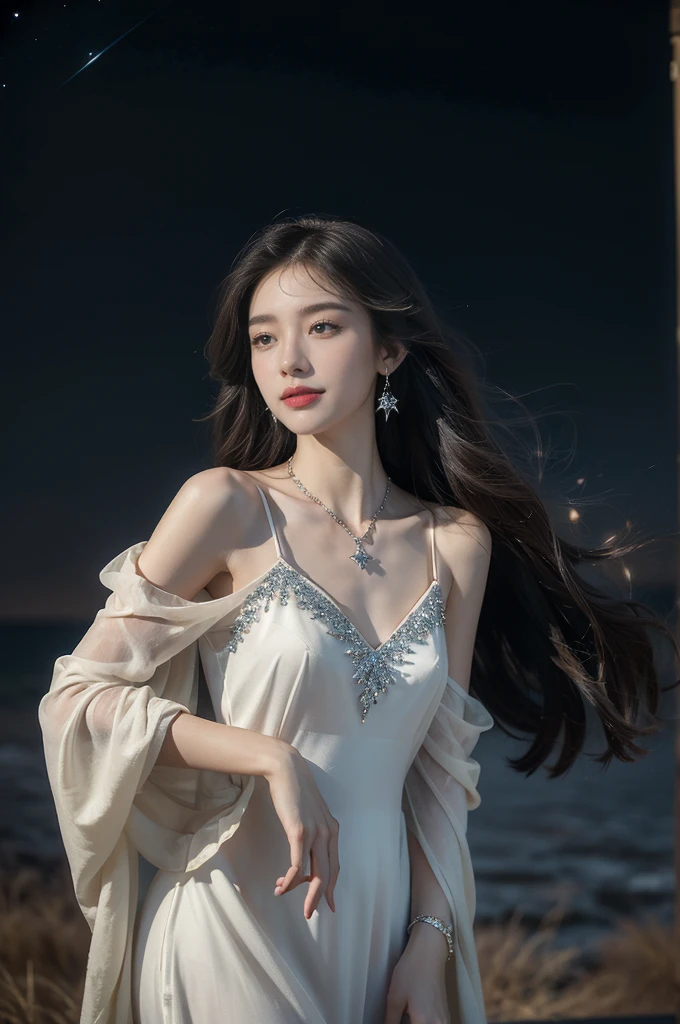 (((best quality))),(((ultra detailed))),(((masterpiece))),illustration,((A beautiful female astrologer,solo)),((slim,thin)),((small breasts,flat chest)),((shoulder length straight hair)),(laughing:1.2),(earrings,necklace),(sparkled sheer shirt-dress:1.3),standing beneath a magical summer night, stars twinkling in the velvety darkness,starry sky, sapphire eyes filled with wonder, flowing ethereal gown mimicking the stars, silver pendant shaped like a horoscope,serene smile and captivating gaze, celestial beauty and mystery, solace and inspiration in the vast expanse of the universe,((from front,upper body))