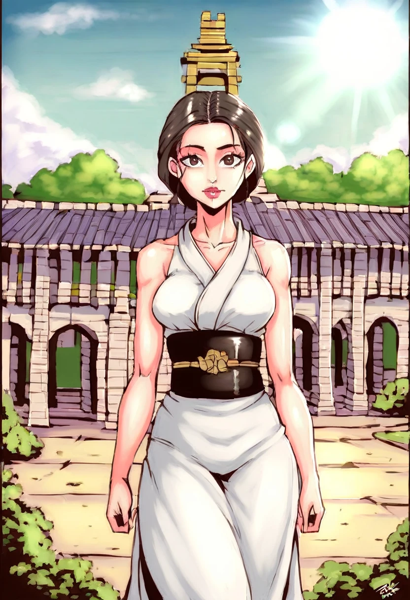 Beautiful girl, Thai female warrior, walking in a Thai temple, dynamic pose, Thai chat outfit, strapless shirt, long hair, black eyes, abdominal muscles, thin body, round chest. (Big breasts:1.3) Small cleavage, thighs, long legs, morning sun, staring at the viewer. (sexy pose) ((face details)) Double eyelid, finished, realistic, masterpiece, highest quality, lens flare, shadow, old temple, temple [ [Chromatic aberration]], โดย Jeremy Lipking, by Antonio J... Manzanedo, Digital Painting, HDR, high contrast, Covered with a long, thin sash., Beautiful shape,