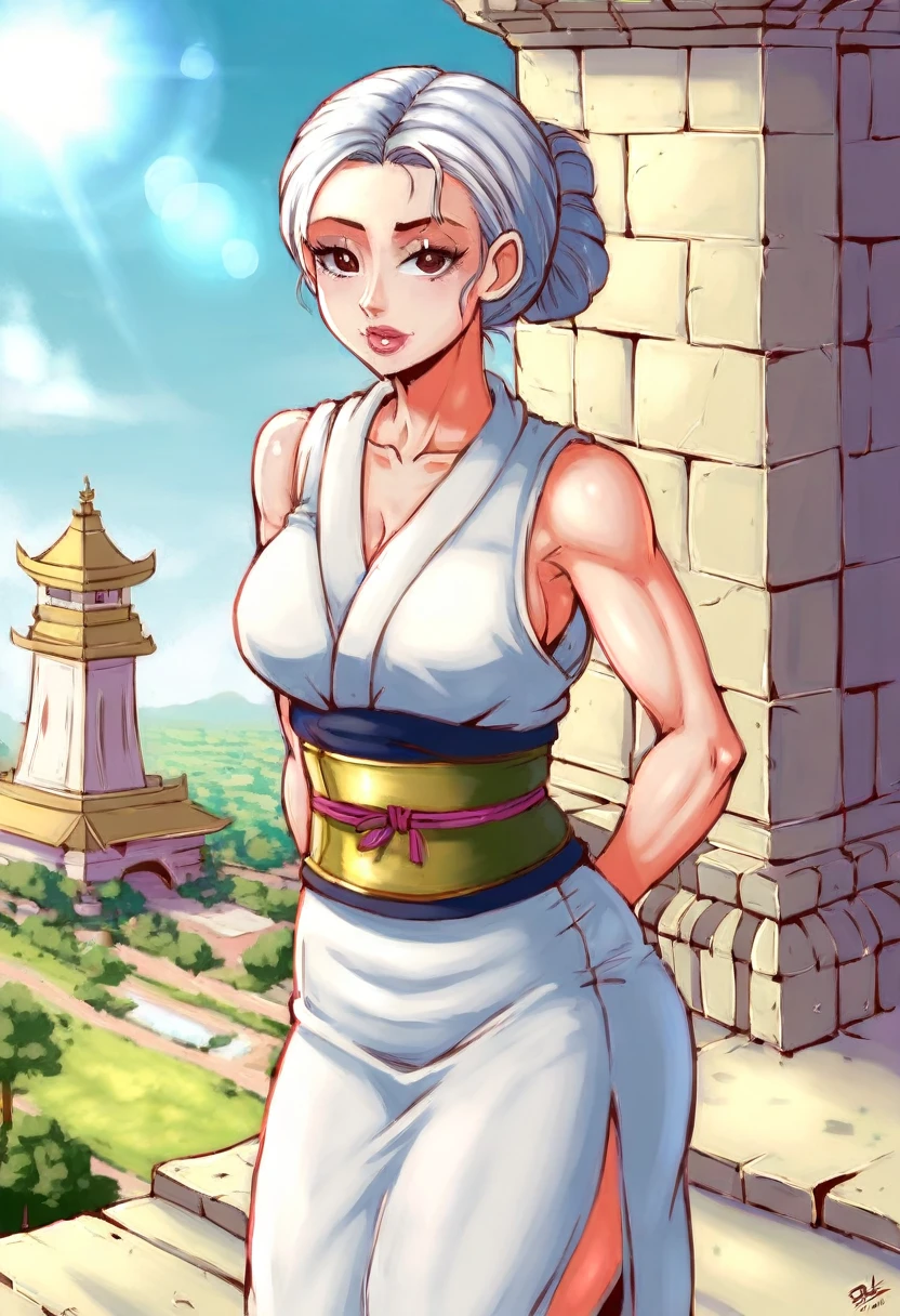 Beautiful girl, Thai female warrior, walking in a Thai temple, dynamic pose, Thai chat outfit, strapless shirt, long hair, black eyes, abdominal muscles, thin body, round chest. (Big breasts:1.3) Small cleavage, thighs, long legs, morning sun, staring at the viewer. (sexy pose) ((face details)) Double eyelid, finished, realistic, masterpiece, highest quality, lens flare, shadow, old temple, temple [ [Chromatic aberration]], โดย Jeremy Lipking, by Antonio J... Manzanedo, Digital Painting, HDR, high contrast, Covered with a long, thin sash., Beautiful shape,