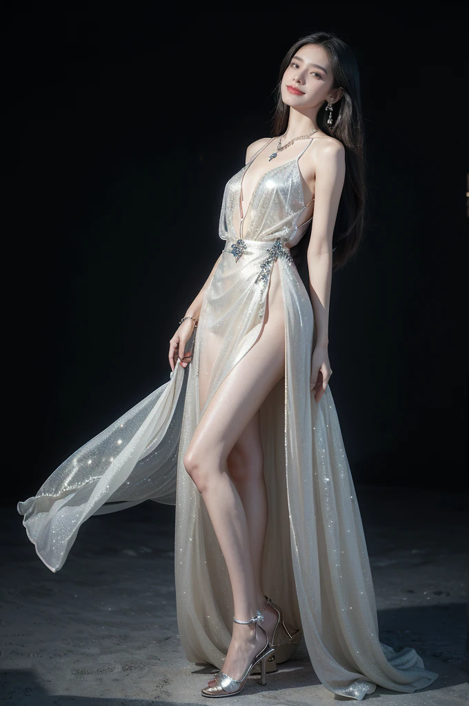 (((best quality))),(((ultra detailed))),(((masterpiece))),illustration,((A beautiful female astrologer,solo)),((slim,thin)),((small breasts,flat chest)),((shoulder length straight hair)),(laughing:1.2),(earrings,necklace),(sparkled sheer shirt-dress:1.3),(slender legs),standing beneath a magical summer night, stars twinkling in the velvety darkness,starry sky, sapphire eyes filled with wonder, flowing ethereal gown mimicking the stars, silver pendant shaped like a horoscope,serene smile and captivating gaze, celestial beauty and mystery, solace and inspiration in the vast expanse of the universe,((from front,full body))