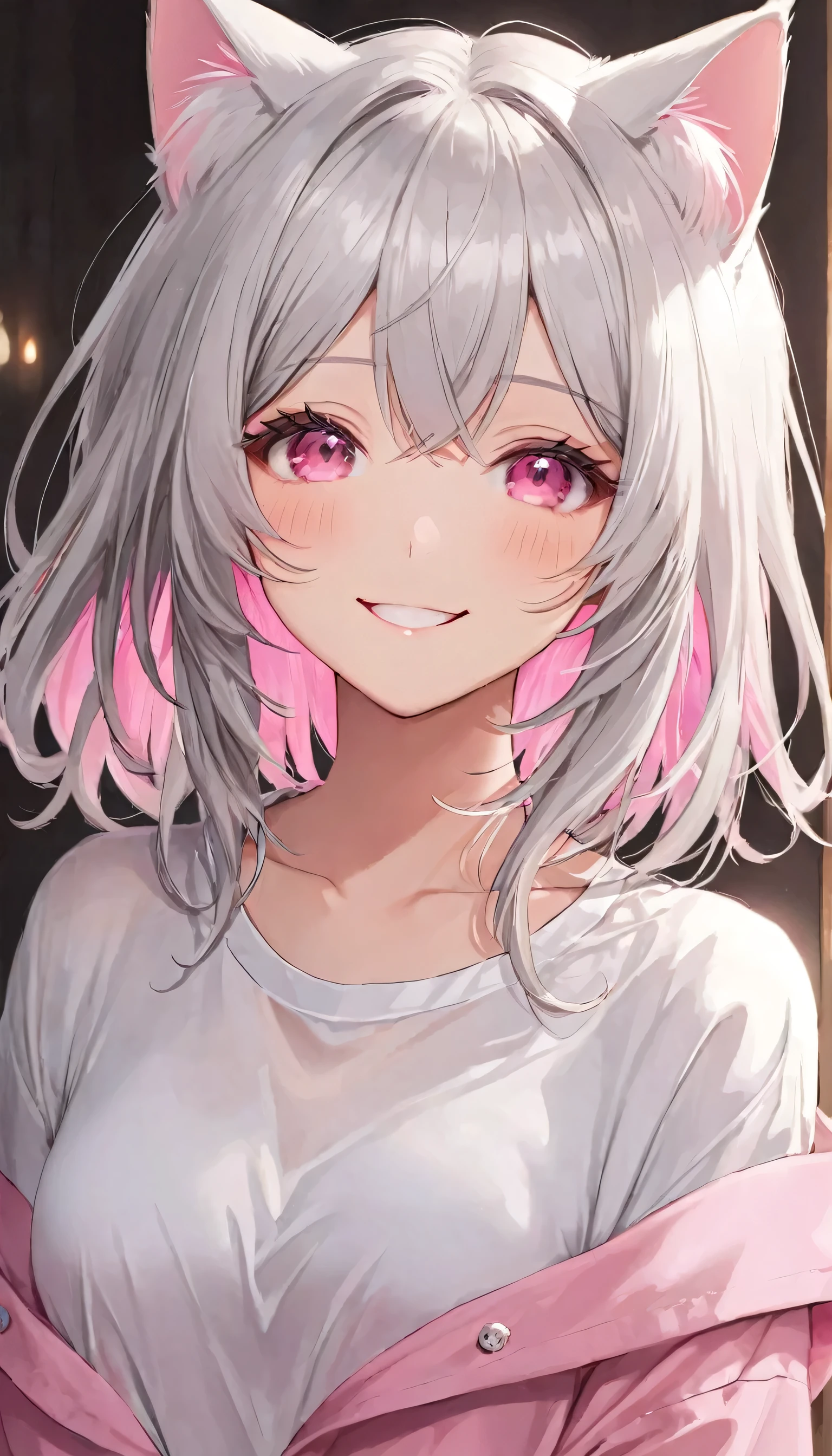 Medium chest,pretty girl,smile,Longing eyes,Cat ear, Beautiful silver hair,Pink inside,Beautiful pink eyes, Oversized shirt,