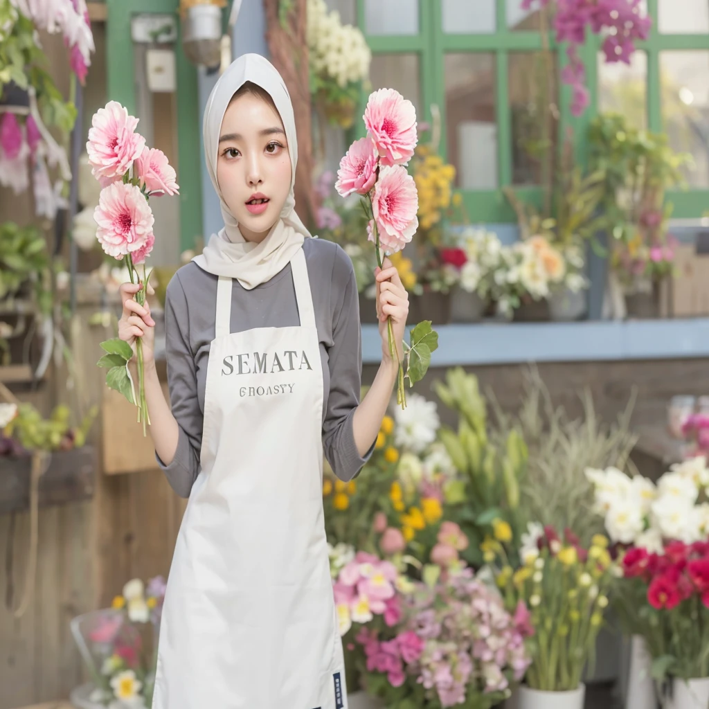 (Best quality, 8k, 32k, Masterpiece, UHaD:1.2),Photo of Pretty Japanese hijab woman, large breasts, oversize crew shirt. embordy logos, white apron, florist apron