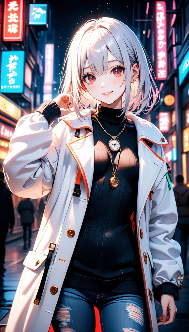 1girl, 15 years old, slim, small breasts, white hair, hairs between eyes, shoulder length hair, pale skin, bright red eye:1.3, white duffle coat and long-sleeve black sweater, open jacket, jeans, gold pocket watches hanging from the neck, BREAK kawaii, smile, cowboy shot, pose, (cyberpunk:1.3), city, neon light, (light particle:1.3), BREAK detailed face, smooth skin, cinematic lighting, volumetric shadow, BREAK 3D CG illustration, score_9, score_8_up, score_7_up, (masterpiece:1.2), (best quality:1.2), (very aesthetic:1.2), (absurdres:1.2), (detailed background), newest, (intricate:1.2), ai-generated, BREAK