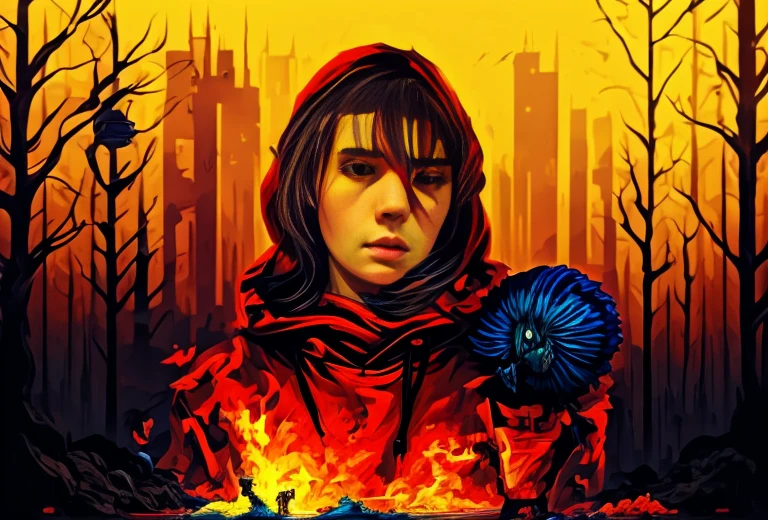 
a poster for the album,'the woman in the hoodie ', an album cover by Ferdynand Ruszczyc, trending on cgsociety, psychedelic art, looks a blend of grimes, looks like a mix of grimes, ) ominous vibes, cgsociety saturated colors, ultraviolet and neon colors, grimes - book 1 album cover, violent and vicious appearance