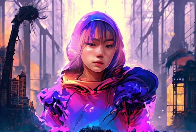 
a poster for the album,'the woman in the hoodie ', an album cover by Ferdynand Ruszczyc, trending on cgsociety, psychedelic art, looks a blend of grimes, looks like a mix of grimes, ) ominous vibes, cgsociety saturated colors, ultraviolet and neon colors, grimes - book 1 album cover, violent and vicious appearance