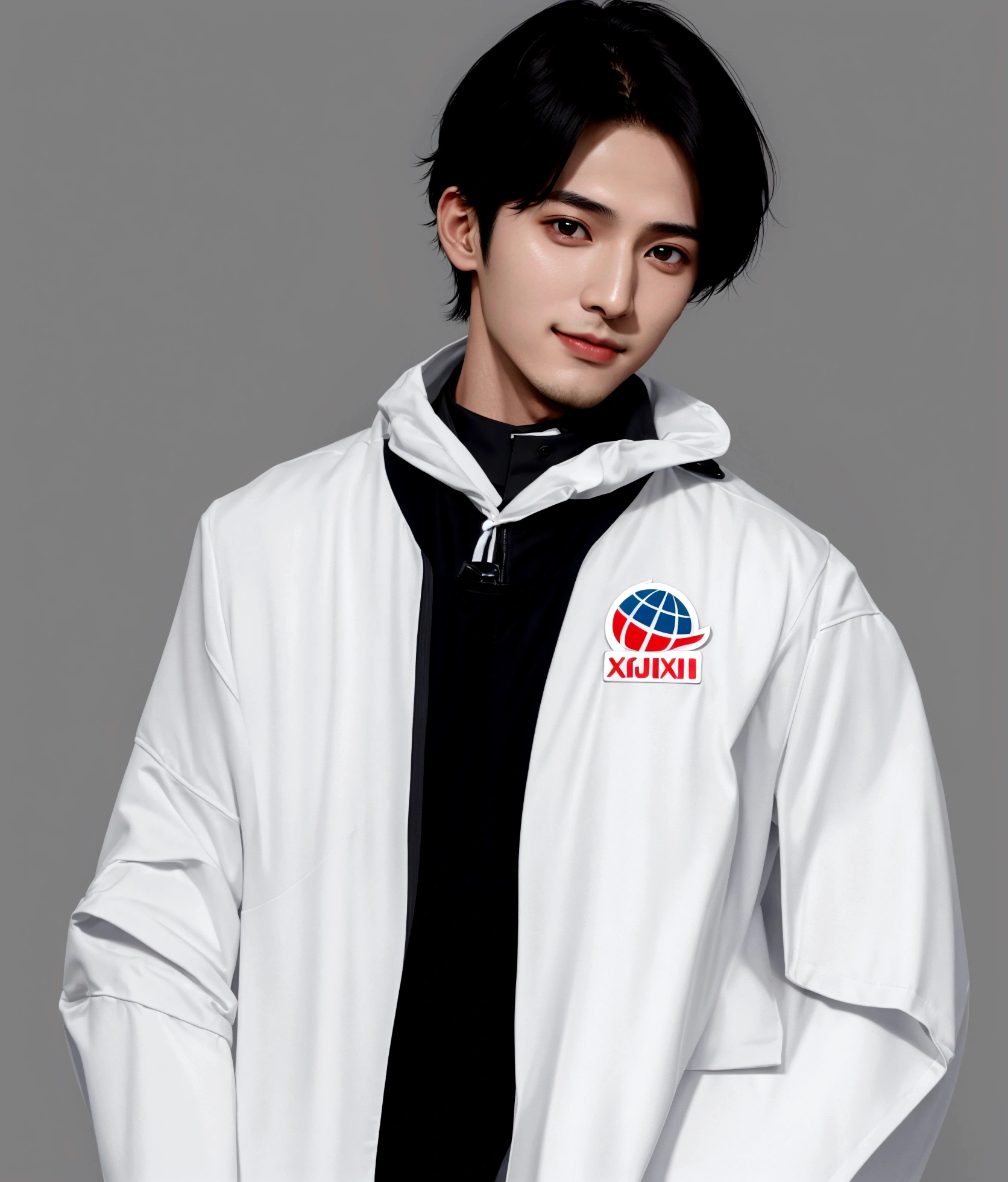 Smiling man, Arabic style image of a man wearing a white jacket and black tie, wearing space techwear, Profile shot, Cai Xukun, Model is wearing a technical vest, Won Bin Lee, Official product photos, xqc, Official product images, Official photos, Official photo, cyber future jacket, Official store photos, Official Art, Shin Jinyoung, Inspired by Zhang Han