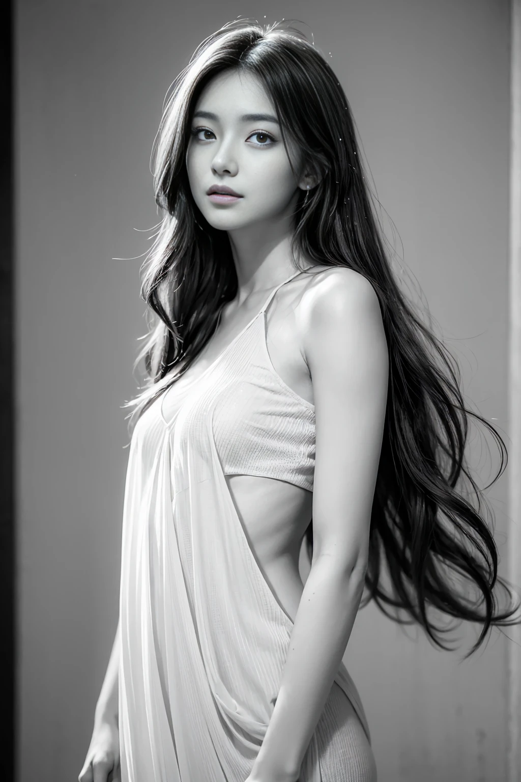 (pencil sketch drawing) of a beautiful woman standing, graceful pose, long flowing hair, (serene expression:1.2), (soft lighting:1.1), delicate features, detailed eyes with (sparkling gaze:1.2), minimalistic background with (subtle texture:1.1), high contrast emphasizing (fine lines:1.3), (subtle shading:1.1)