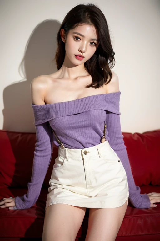 girl, Off-shoulder sweater, Purple suspenders