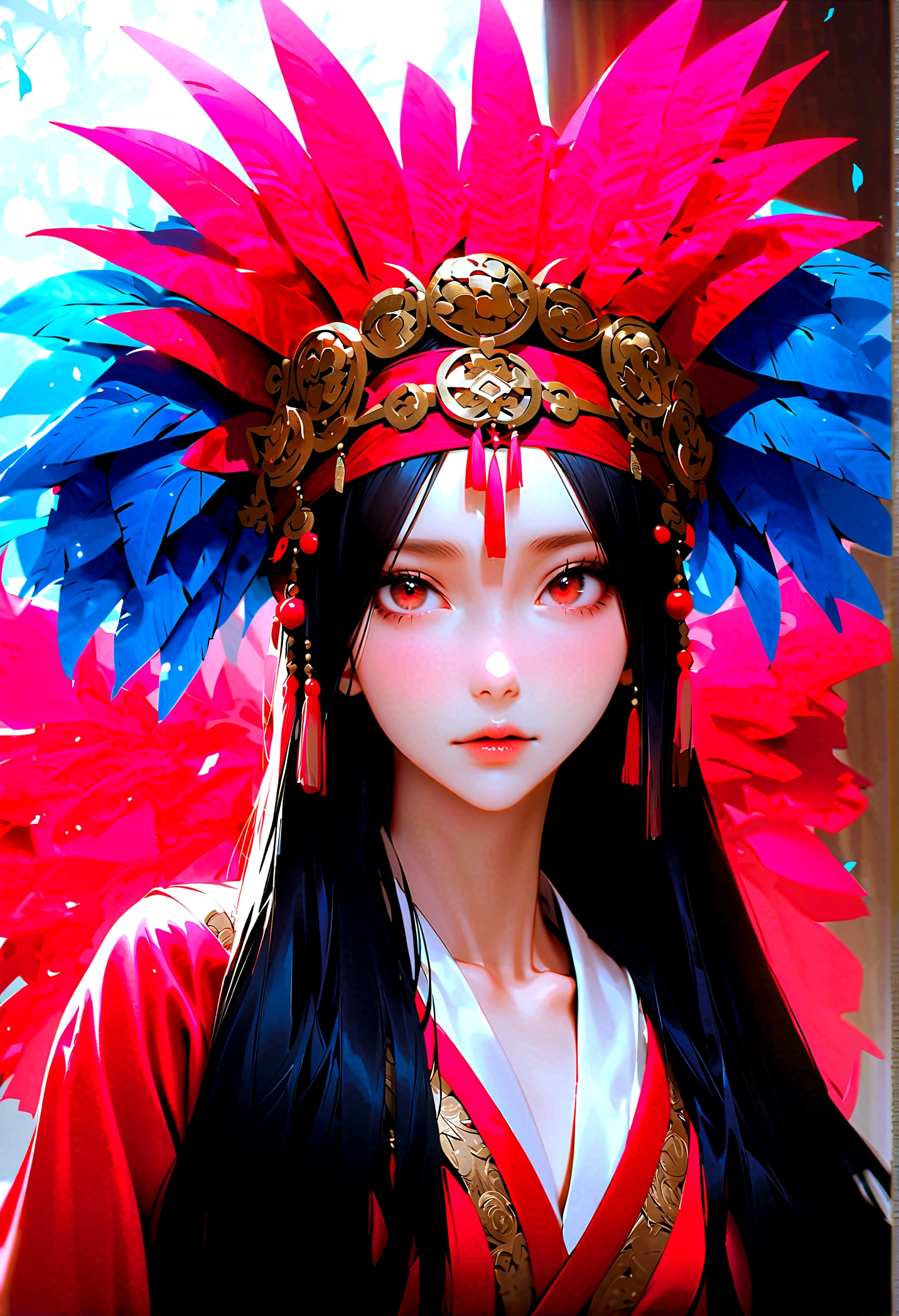 Bela mulher realista 眼睛下方有两条黑色和红色of细条纹, Decorated with red, of, and a blue feather headdress, 逼真of椭圆形图, of Eyes, full image, 一种现实of美, 身着令人惊艳of服装, 眼睛下方有两条黑色和红色of细条纹. Wears a red headdress, of, and a blue feather headdress, 营造出迷人of气场. She boasts an 逼真of椭圆形图, with Expressive of Eyes that tell a story. 这幅图是一幅完美而纯粹of美of肖像画。.

(J