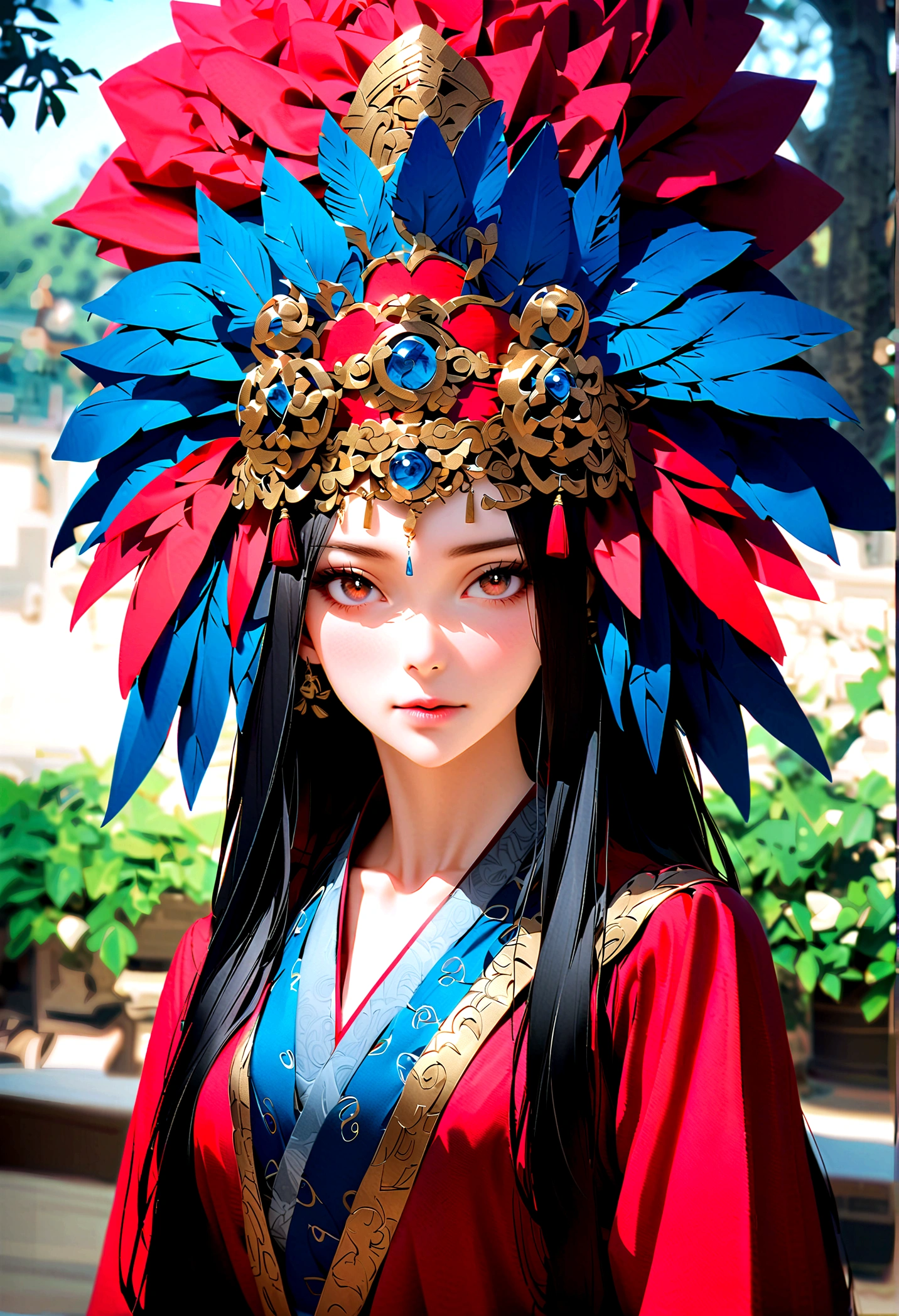 Bela mulher realista 眼睛下方有两条黑色和红色of细条纹, Decorated with red, of, and a blue feather headdress, 逼真of椭圆形图, of Eyes, full image, 一种现实of美, 身着令人惊艳of服装, 眼睛下方有两条黑色和红色of细条纹. Wears a red headdress, of, and a blue feather headdress, 营造出迷人of气场. She boasts an 逼真of椭圆形图, with Expressive of Eyes that tell a story. 这幅图是一幅完美而纯粹of美of肖像画。.
(J