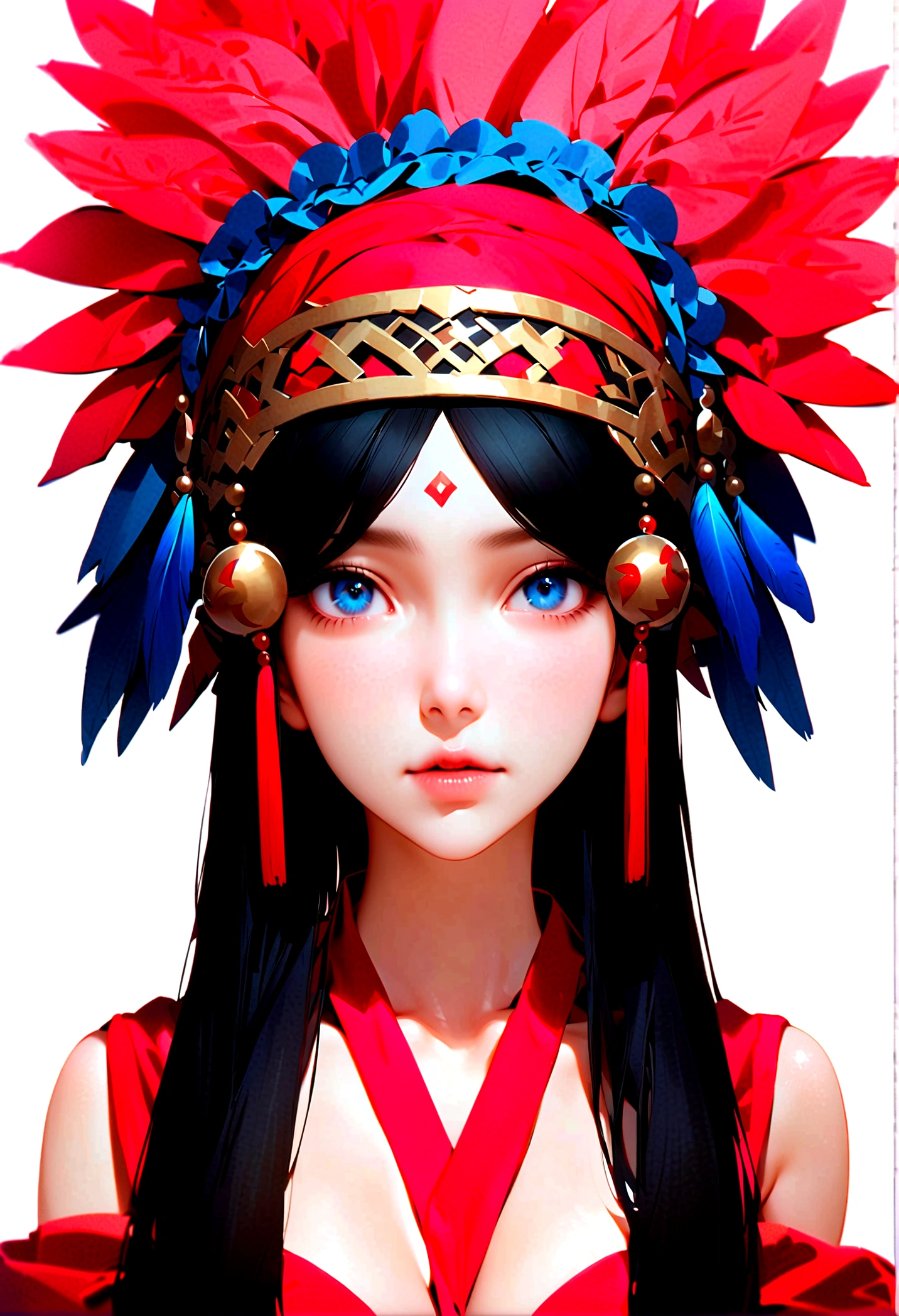 Bela mulher realista 眼睛下方有两条黑色和红色of细条纹, Decorated with red, of, and a blue feather headdress, 逼真of椭圆形图, of Eyes, full image, 一种现实of美, 身着令人惊艳of服装, 眼睛下方有两条黑色和红色of细条纹. Wears a red headdress, of, and a blue feather headdress, 营造出迷人of气场. She boasts an 逼真of椭圆形图, with Expressive of Eyes that tell a story. 这幅图是一幅完美而纯粹of美of肖像画。.
(J