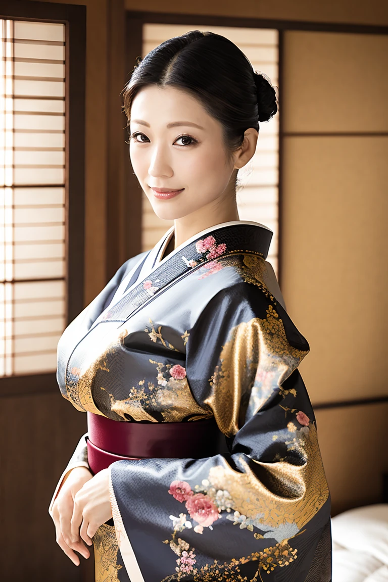 (Highest quality、Tabletop、8K、Best image quality、Award-winning works)、(1 Beautiful Mature Woman:1.1)、(Innkeeper:1.1)、(Elegant floral kimono:1.2)、(A kimono with a perfect and accurate collar:1.2)、Perfect Mature Woman Portrait Photo、Glowing Skin、Standing Elegantly、(Blurred elegant and elaborate perfect Japanese style room background:1.3)、(The most natural and perfect tidy Japanese-style room background:1.2)、(Elegant and luxurious Japanese style room background:1.1)、Glowing White Skin、Very white skin、(Accentuate your body lines:1.1)、(The most elegant posture:1.2)、(Large Breasts:1.2)、(Chignon:1.2)、(Accurate anatomy:1.2)、(Staring at me:1.5)、(Stand elegantly facing forward:1.3)、(Front view:1.4)、(Front facing body:1.3)