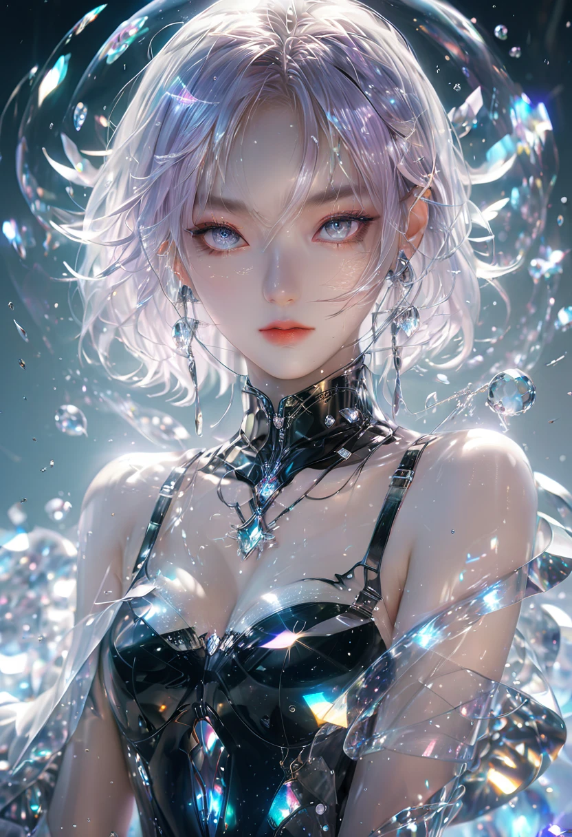 crystal covered, （Full body ：1.5）, alternate color, masterpiece, detailed illustration, realistic, pixiv top quality, exquisite, {{{kawaii 1girl}}}, ultra beauties who fuse with machines, glitter beautiful female, Half of my body is made of machines, transparent glass body, The machines inside the body are transparent, cinematic lighting, dynamic angle, dynamic pose, crystal world, depth of field，Shiny socks，Crystal stockings，Crystal high heels
