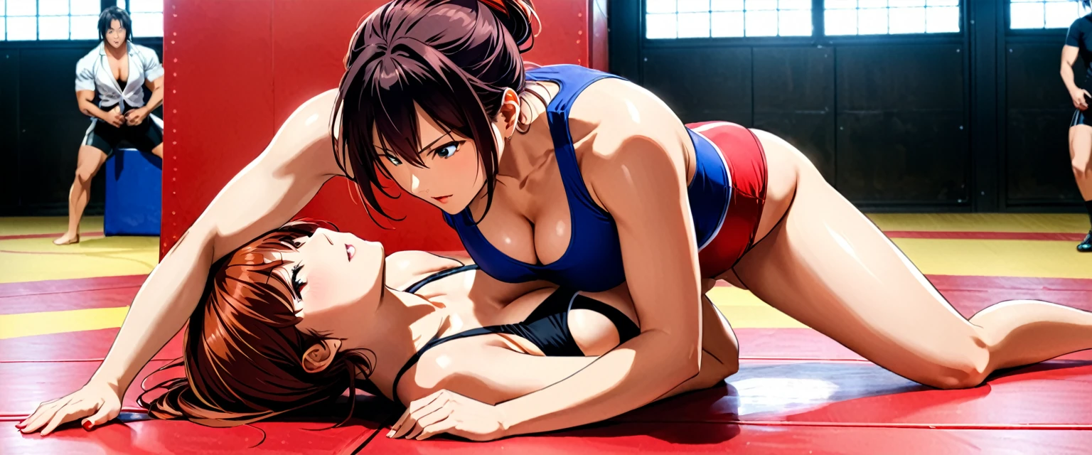 (in style of Takeshi Obata:1.3), (+18) , (Top quality, masterpiece), Japanese personal model, colossal,  freestyle wrestling Singlets , two enchanting women, breast cleavage, dojo, image quality at the highest level, in a close and intense freestyle wrestling fight, on the floor 