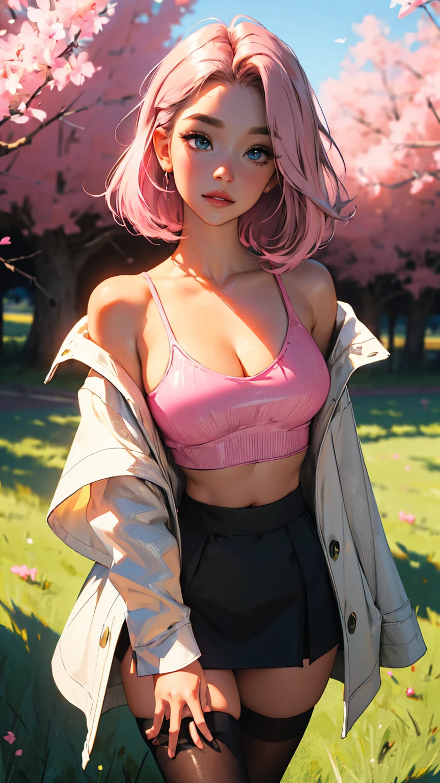 Highest Quality, ​masterpiece, beautifully detailed eyes,, short Blonde Hair, Gradient Hair, pink highlights in hair, large breasts, standing, makeup, glossy lips, full lips, (natural lighting), grass, small top, light smile, midriff, collarbone, thigh highs, miniskirt, cleavage