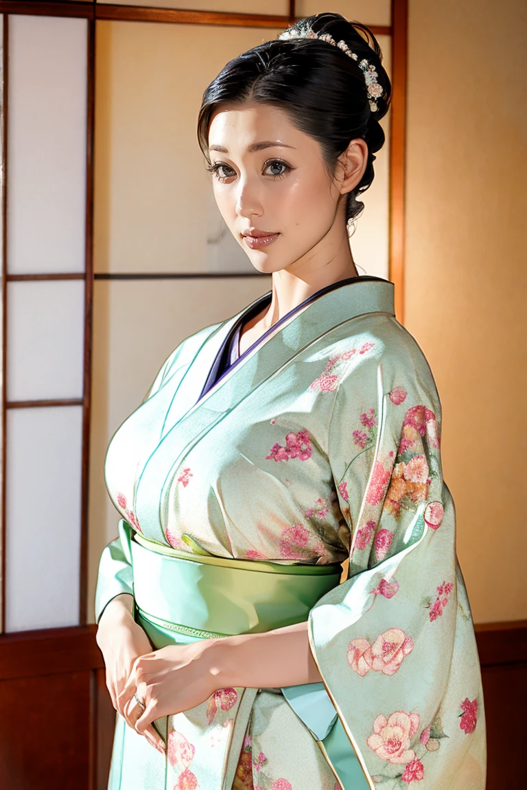 (Highest quality、Tabletop、8K、Best image quality、Award-winning works)、(1 Beautiful Mature Woman:1.1)、(Innkeeper:1.1)、(Elegant white floral kimono:1.2)、(A kimono with a perfect and accurate collar:1.2)、Perfect Mature Woman Portrait Photo、Glowing Skin、Standing Elegantly、(Blurred elegant and elaborate perfect Japanese style room background:1.3)、(The most natural and perfect tidy Japanese-style room background:1.2)、(Elegant and luxurious Japanese style room background:1.1)、Glowing White Skin、Very white skin、(Accentuate your body lines:1.1)、(The most elegant posture:1.2)、(Large Breasts:1.2)、(Chignon:1.2)、(Voluptuous body:1.2)、(Accurate anatomy:1.2)、(Staring at me:1.3)、(Stand classy:1.3)