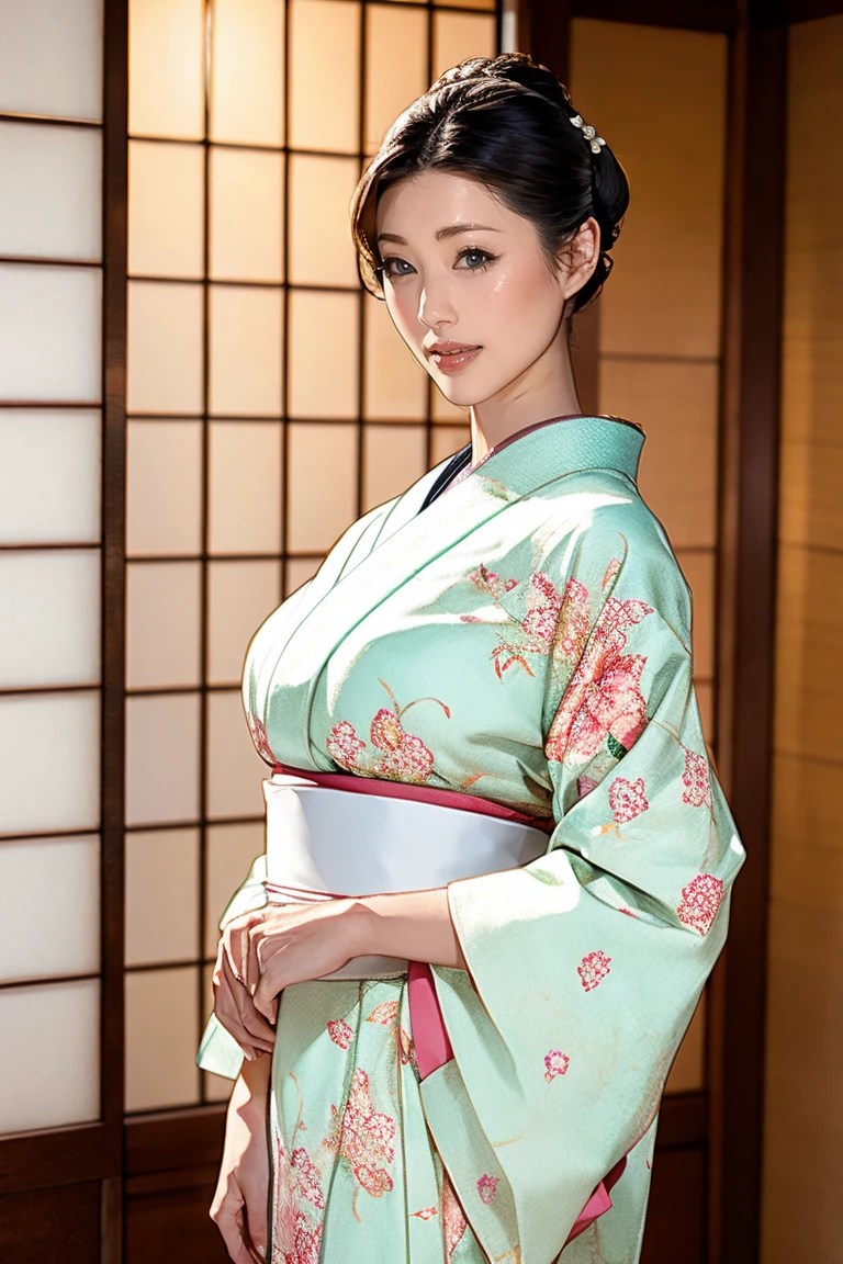 (Highest quality、Tabletop、8K、Best image quality、Award-winning works)、(1 Beautiful Mature Woman:1.1)、(Innkeeper:1.1)、(Elegant white floral kimono:1.2)、(A kimono with a perfect and accurate collar:1.2)、Perfect Mature Woman Portrait Photo、Glowing Skin、Standing Elegantly、(Blurred elegant and elaborate perfect Japanese style room background:1.3)、(The most natural and perfect tidy Japanese-style room background:1.2)、(Elegant and luxurious Japanese style room background:1.1)、Glowing White Skin、Very white skin、(Accentuate your body lines:1.1)、(The most elegant posture:1.2)、(Large Breasts:1.2)、(Chignon:1.2)、(Voluptuous body:1.2)、(Accurate anatomy:1.2)、(Staring at me:1.3)、(Stand classy:1.3)