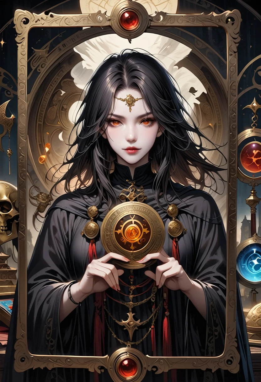 Astrologer,Metal photo frame,card,tarot cards:1.37.Mysterious fortune teller in cloak,Finger taps an array of tarot cards in the air,Mystical symbols and elements,Ancient mysterious atmosphere,Realistic illustration details,A work full of vitality and energy,Dark Style,Gothic style