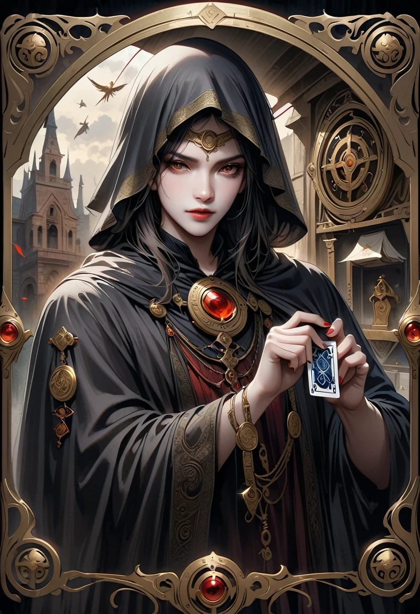 Astrologer，Metal photo frame，card，tarot cards：1.37.Mysterious fortune teller in cloak，Finger taps an array of tarot cards in the air，Mystical symbols and elements，Ancient mysterious atmosphere，Realistic illustration details，A work full of vitality and energy，Dark Style，Gothic style