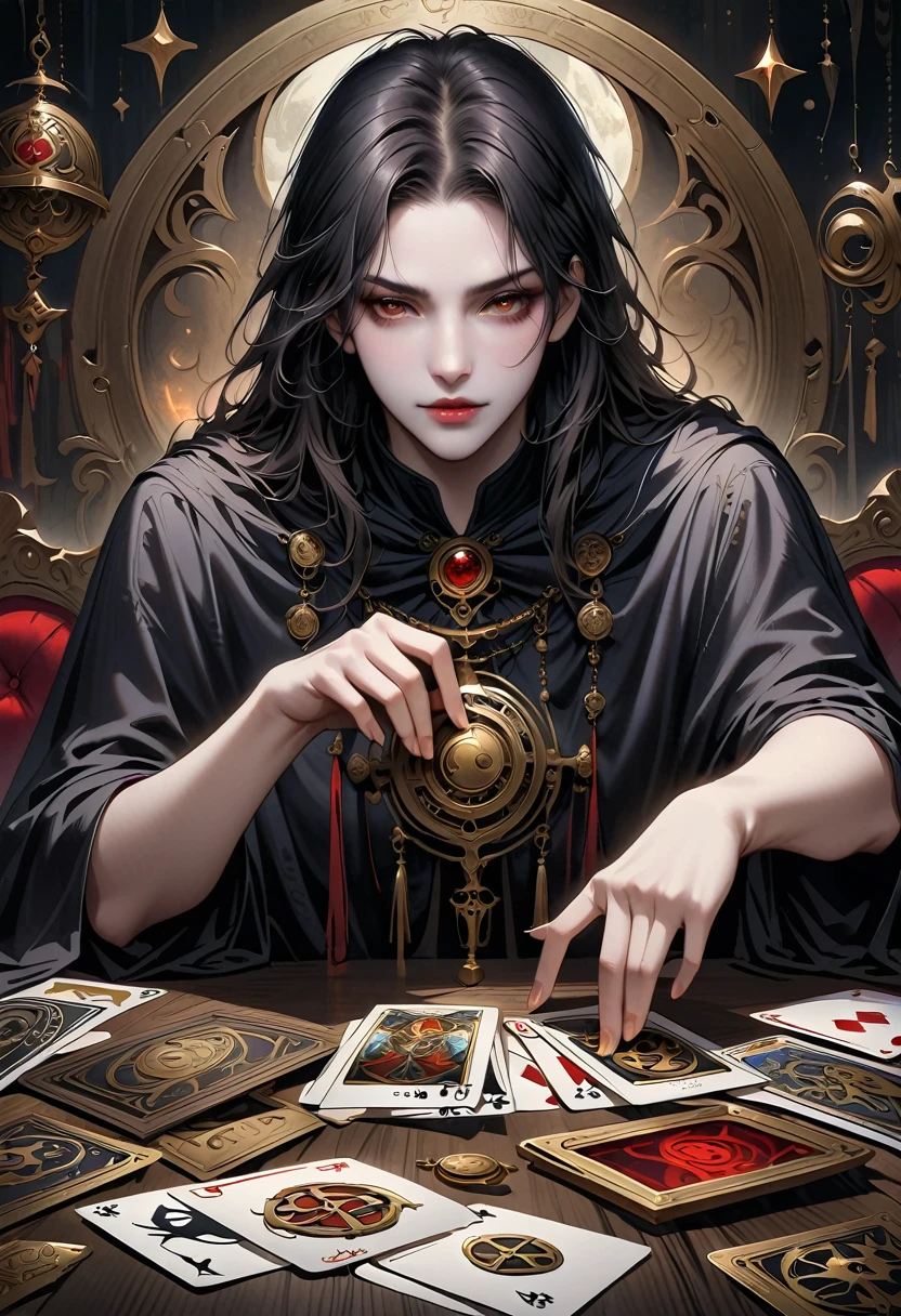 Astrologer,Metal photo frame,card,tarot cards:1.37.Mysterious fortune teller in cloak,Finger taps an array of tarot cards in the air,Mystical symbols and elements,Ancient mysterious atmosphere,Realistic illustration details,A work full of vitality and energy,Dark Style,Gothic style