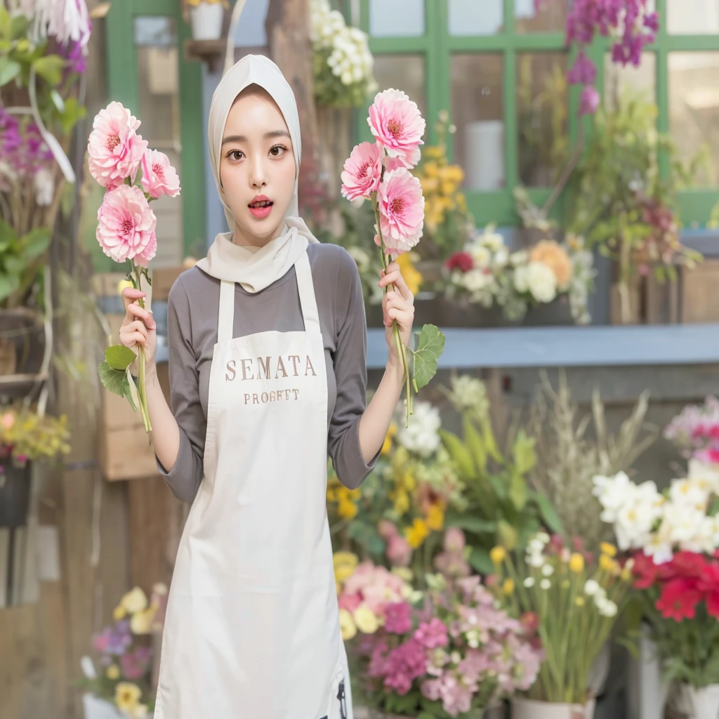 (Best quality, 8k, 32k, Masterpiece, UHaD:1.2),Photo of Pretty Japanese hijab woman, large breasts, oversize crew shirt. embordy logos, white apron, florist apron