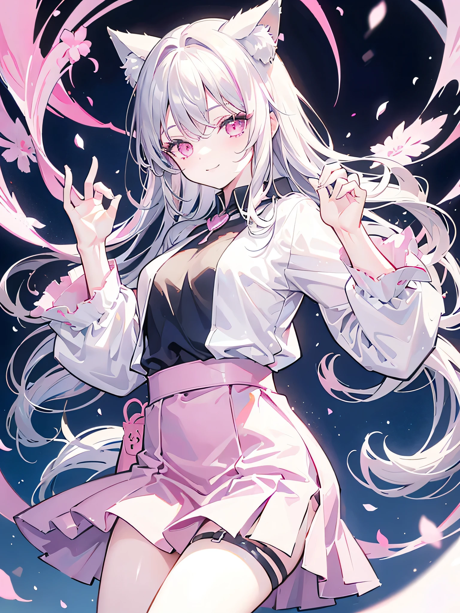 Medium chest,pretty girl,smile,Longing eyes,Cat ear, Beautiful silver hair,Pink inside,Beautiful pink eyes,Oversized shirt,skirt,Flower