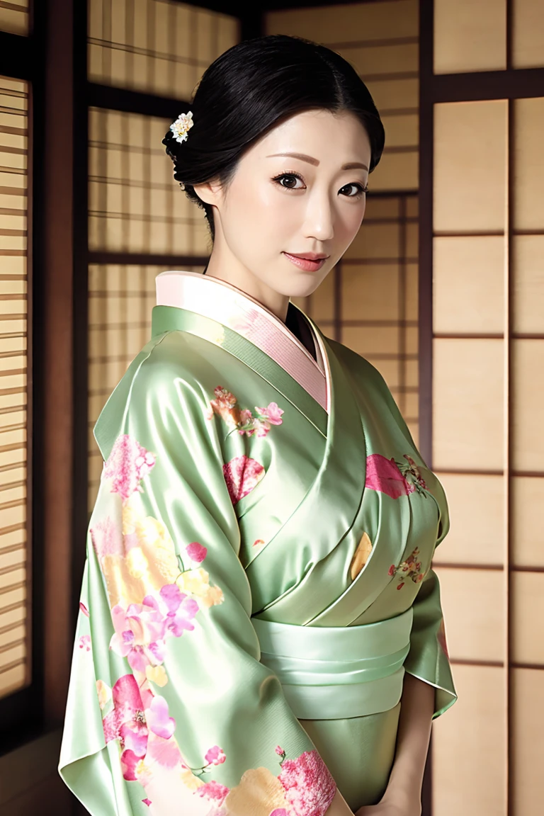 (Highest quality、Tabletop、8K、Best image quality、Award-winning works)、(1 Beautiful Mature Woman:1.1)、(Innkeeper:1.1)、(Elegant floral kimono:1.2)、(A kimono with a perfect and accurate collar:1.2)、Perfect Mature Woman Portrait Photo、Glowing Skin、Standing Elegantly、(Blurred elegant and elaborate perfect Japanese style room background:1.3)、(The most natural and perfect tidy Japanese-style room background:1.2)、(Elegant and luxurious Japanese style room background:1.1)、Glowing White Skin、Very white skin、(Accentuate your body lines:1.1)、(The most elegant posture:1.2)、(Large Breasts:1.2)、(Chignon:1.2)、(Accurate anatomy:1.2)、(Staring at me:1.5)、(Stand elegantly facing forward:1.3)、(Front view:1.4)、(Front facing body:1.3)