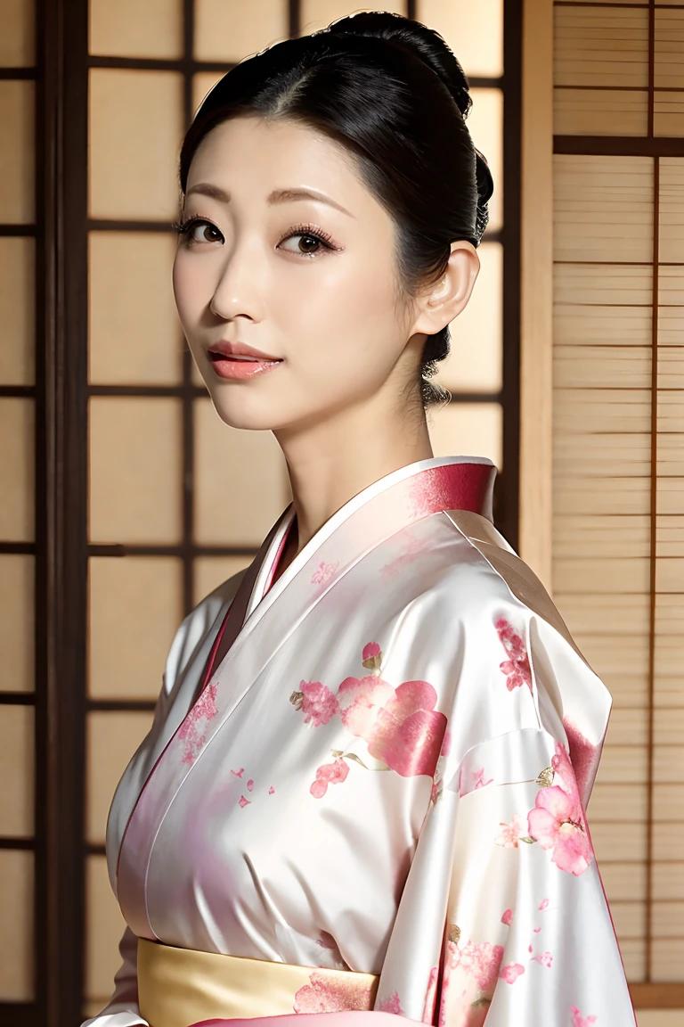 (Highest quality、Tabletop、8K、Best image quality、Award-winning works)、(1 Beautiful Mature Woman:1.1)、(Innkeeper:1.1)、(Elegant floral kimono:1.2)、(A kimono with a perfect and accurate collar:1.2)、Perfect Mature Woman Portrait Photo、Glowing Skin、Standing Elegantly、(Blurred elegant and elaborate perfect Japanese style room background:1.3)、(The most natural and perfect tidy Japanese-style room background:1.2)、(Elegant and luxurious Japanese style room background:1.1)、Glowing White Skin、Very white skin、(Accentuate your body lines:1.1)、(The most elegant posture:1.2)、(Large Breasts:1.2)、(Chignon:1.2)、(Accurate anatomy:1.2)、(Staring at me:1.5)、(Stand elegantly facing forward:1.3)、(Front view:1.4)、(Front facing body:1.3)
